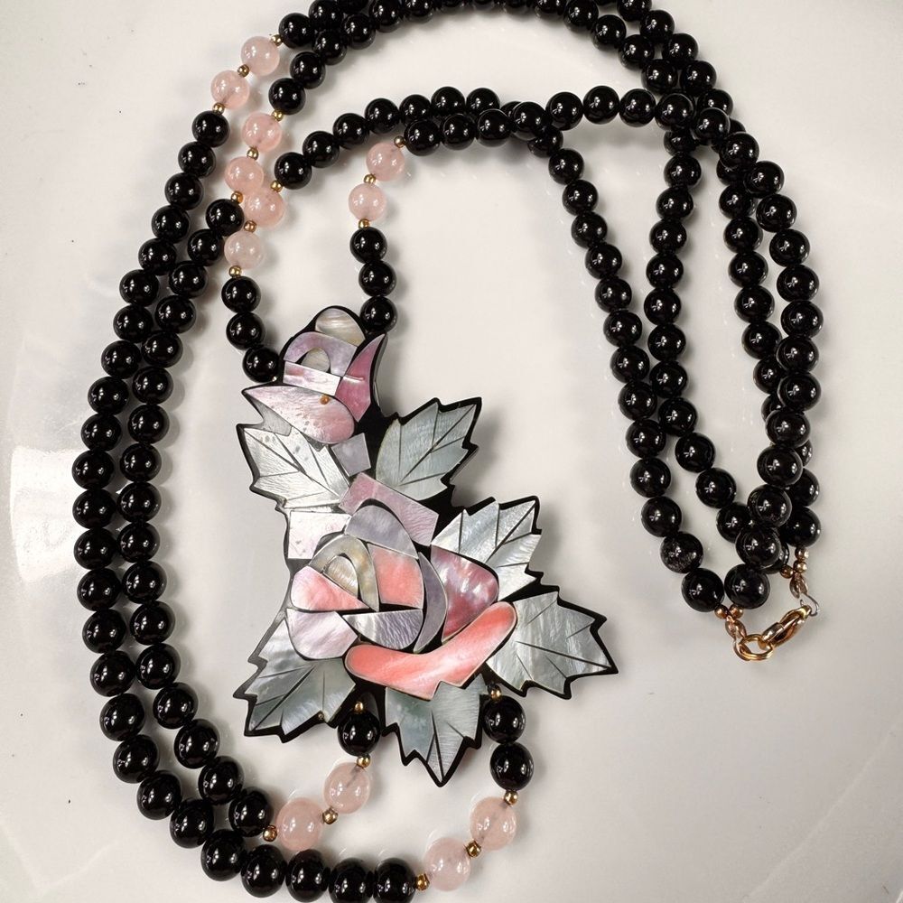 Lee Sands Elegant Black Lucite Pearl Inlay Necklace